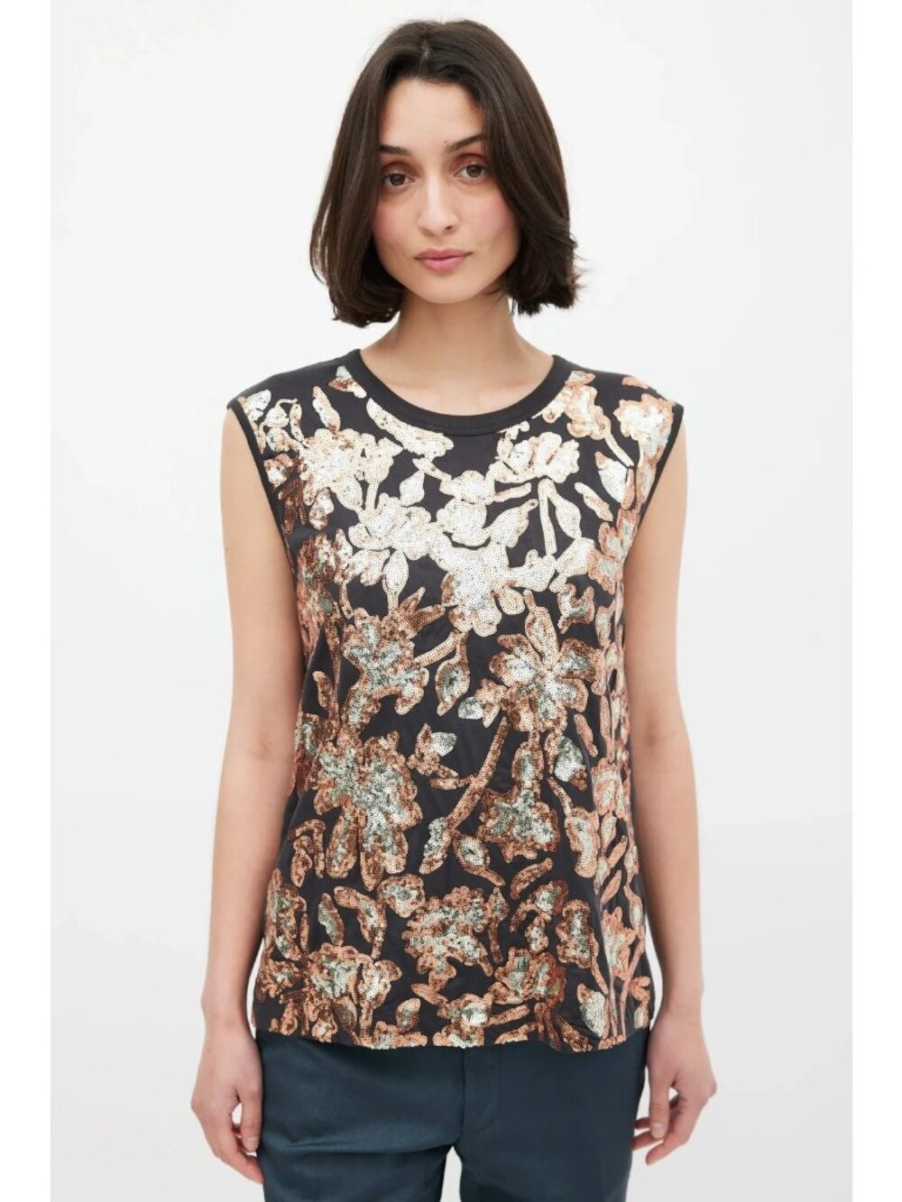 Dries Van Noten Gray Sleeveless Bronze Sequin Floral Top NWT, Size Small